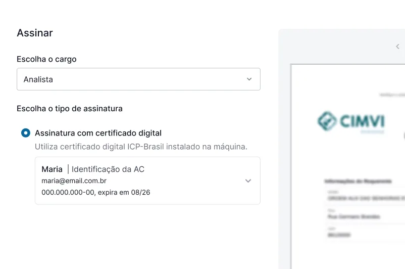 Tela de assinatura com escolha de cargo e certificado digital ICP-Brasil